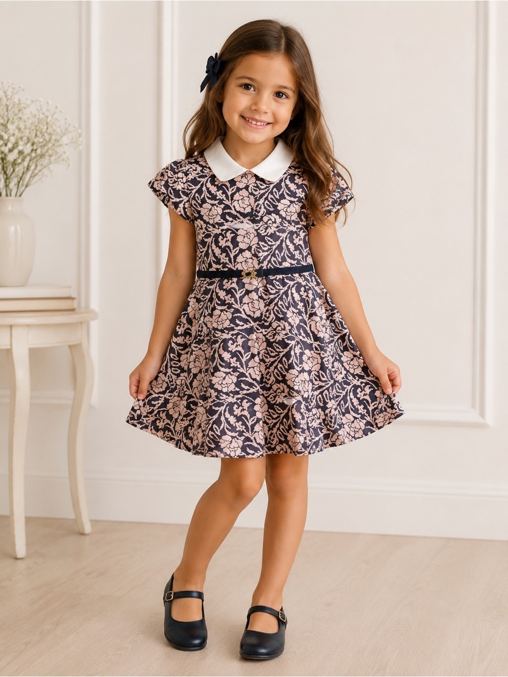 • Janie and Jack • Girls Rose Jacquard Collar Dress Navy/Dusty Rose 3